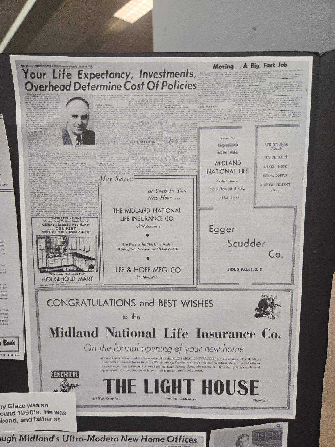 1951 newspaper page about the opening of Midland National Life's new home office