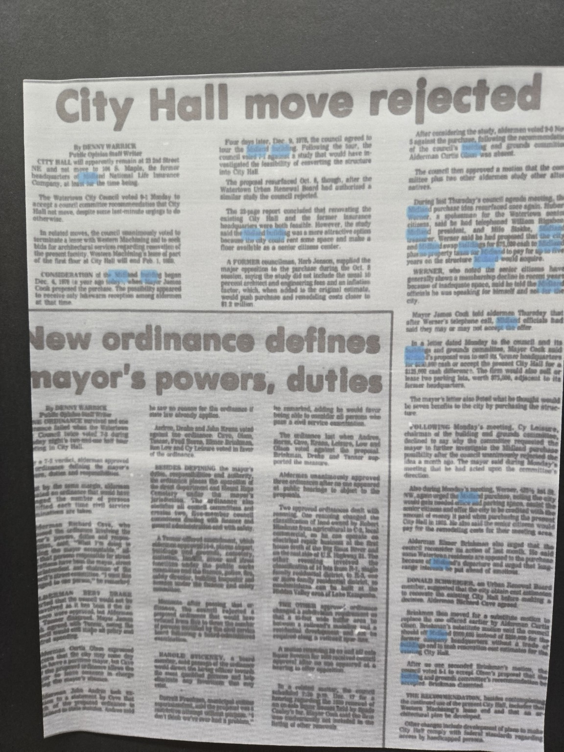 Newspaper clipping City Hall move rejected