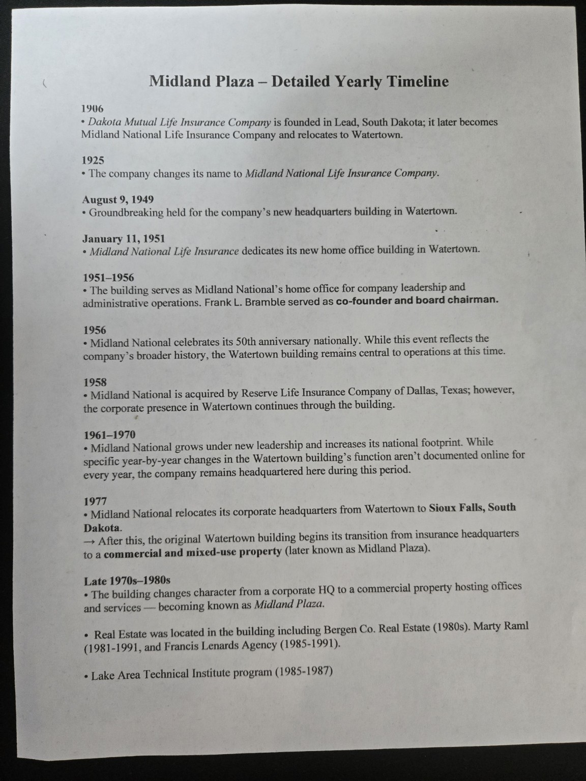 Detailed Midland Plaza yearly timeline page 1
