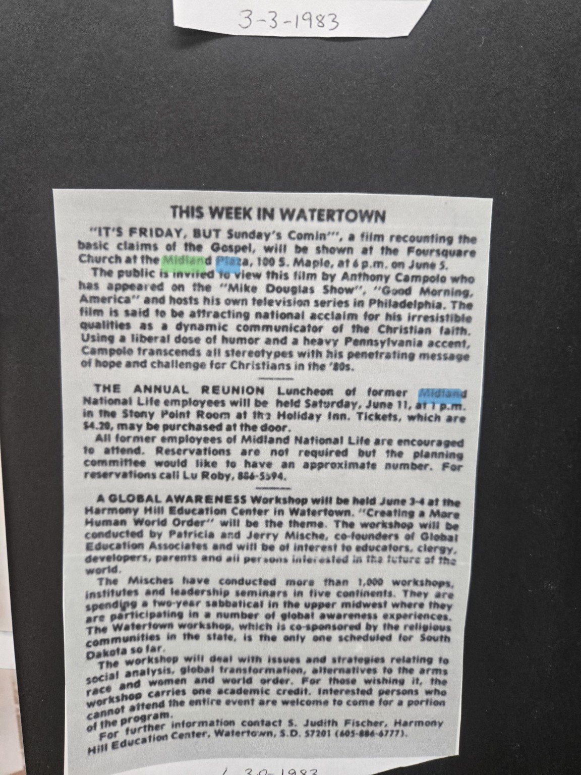 Watertown community notice mentioning former Midland employees